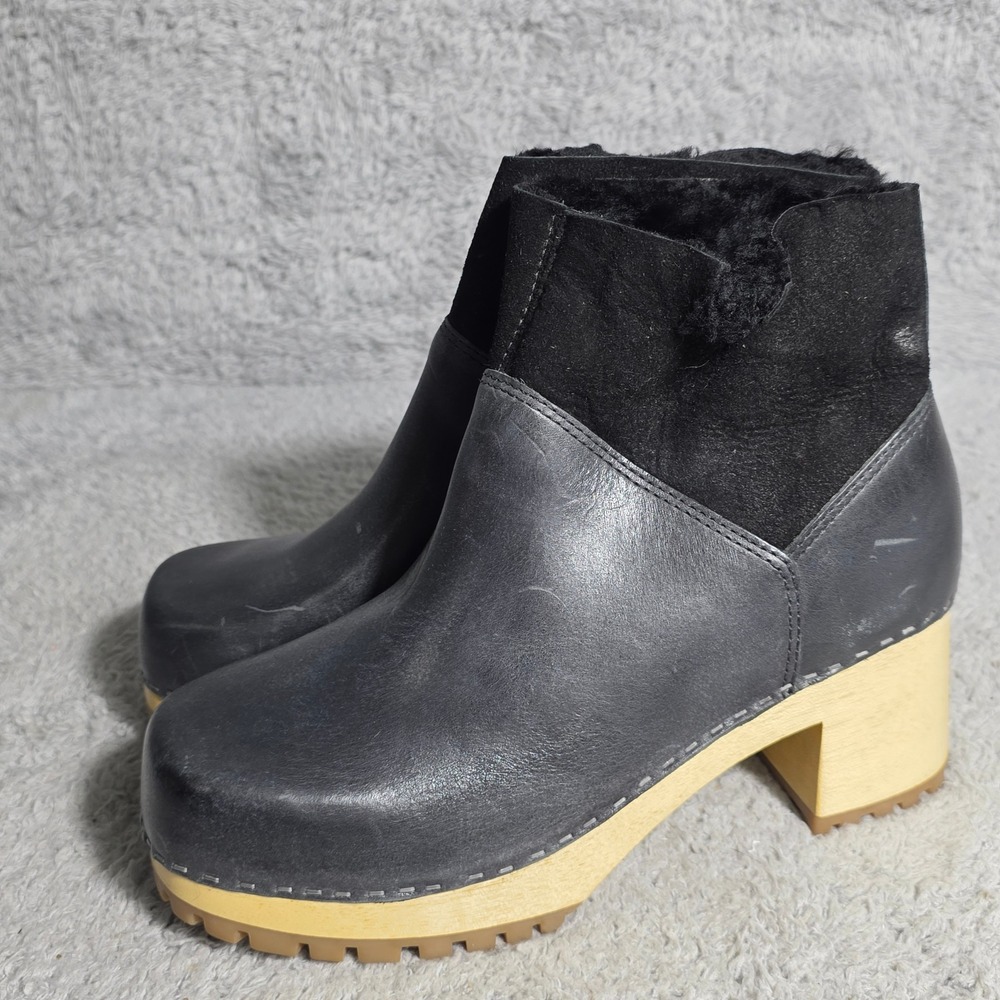MIA Josi Platform Clog Ankle Boots Black Leather Suede Fur Lined Booties 9M